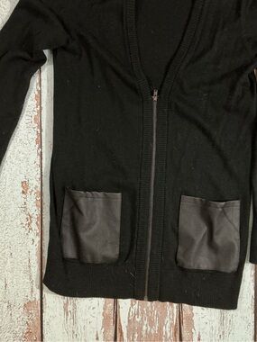 Banana Republic Black Zip-Front Cardigan with Faux Leather Trim